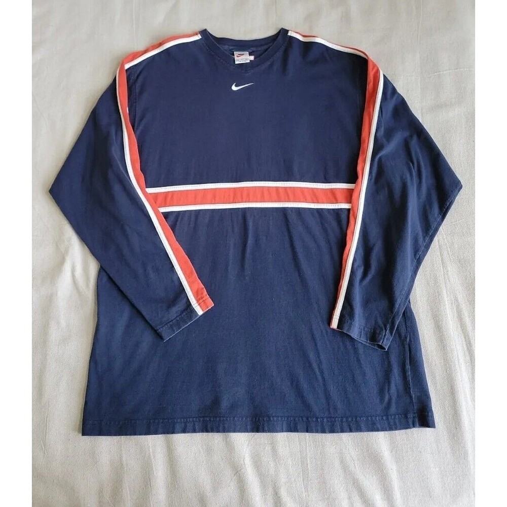 Nike Mens XL T Shirt Center Swoosh Embroidered Logo Blue Orange Stripe‎ Casual